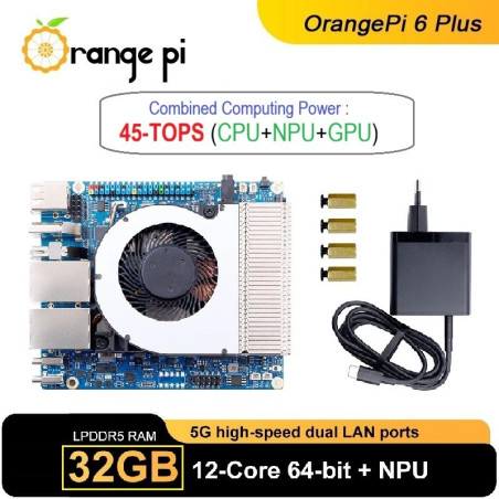 Orange Pi 6 PLUS 32GB RAM 12-Core CPU 45-TOPS AI Computing Power Integrated Cooler Fan  100W Power Supply